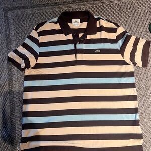 Lacoste Men's Polo Shirt - Black, Blue, and Tan Stripes